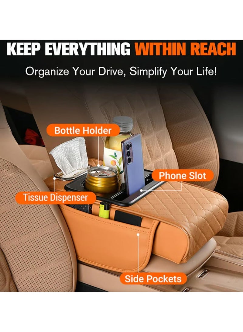 Bukela Multifunctional PU Leather Car Armrest Box Mat Organizer with Cup Holders, Universal 5‑in‑1 Central Elbow Storage Box Mat, Fit for Most Vehicle Models, Gray - Image 3